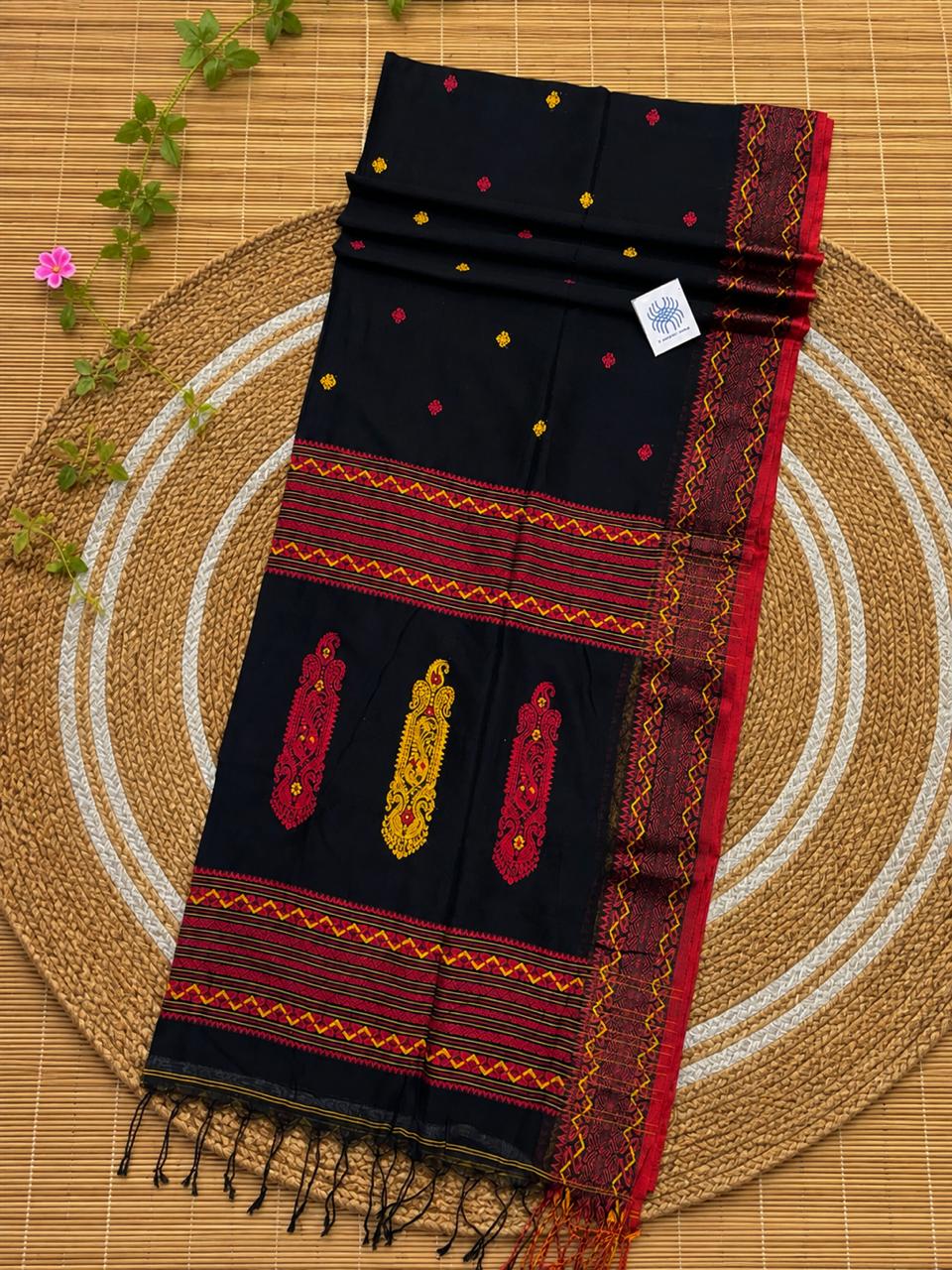Authentic Black premium quality handloom Cotton Khadi Jamdani saree by Rihyaaz with unique traditional woven detailing and running blouse piece.