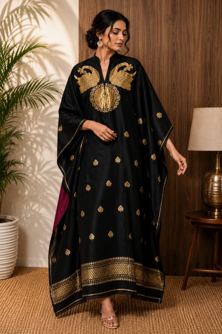 Nayra Banarasi weaved unstitched kaftan by Rihyaaz, showcasing elegant traditional Indian weaving and luxurious ethnic styling.