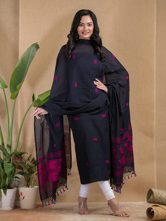 Bird Motif Jamdani Mul Mul Cotton Suit Set by Rihyaaz with 3-meter top and 2.5-meter dupatta