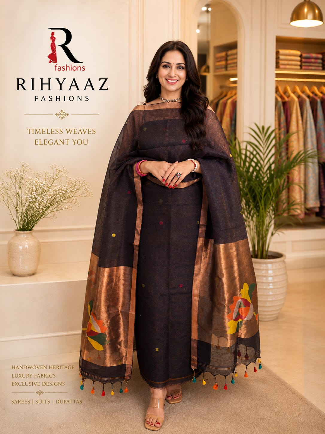 Mohor broad palla Paithani linen Jamdani suit by Rihyaaz with 3-meter linen top and 2.5-meter tassel dupatta in premium handloom-inspired weave.