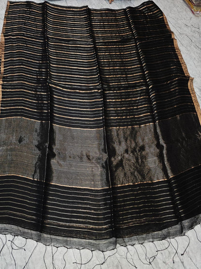 Shaam Resham Dual Zari Stripe Silk Linen Saree by Rihyaaz Fashions, premium handwoven silk linen saree with elegant resham and dual zari stripe detailing.