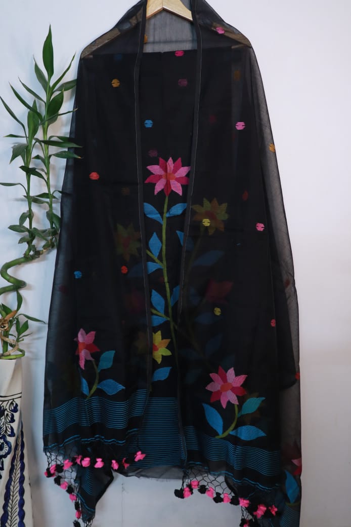 Tinka Floral multicolour cotton muslin Jamdani suit with intricate woven patterns by Rihyaaz