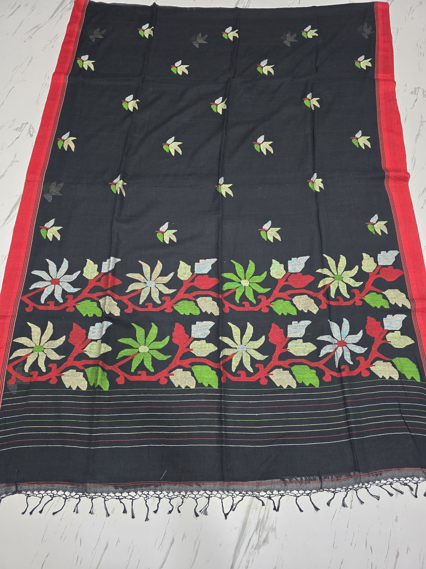 Alka handspun cotton needle Jamdani saree by Rihyaaz, featuring intricate handwoven Jamdani detailing and traditional Indian handloom craftsmanship.