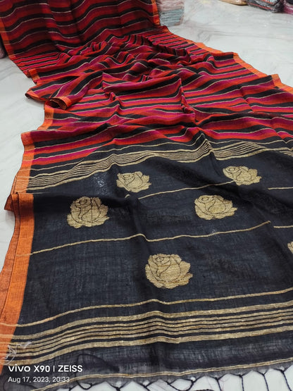 Rose handwoven striped linen saree with elegant woven stripes, rose motifs, and a lightweight traditional handloom texture by Rihyaaz 