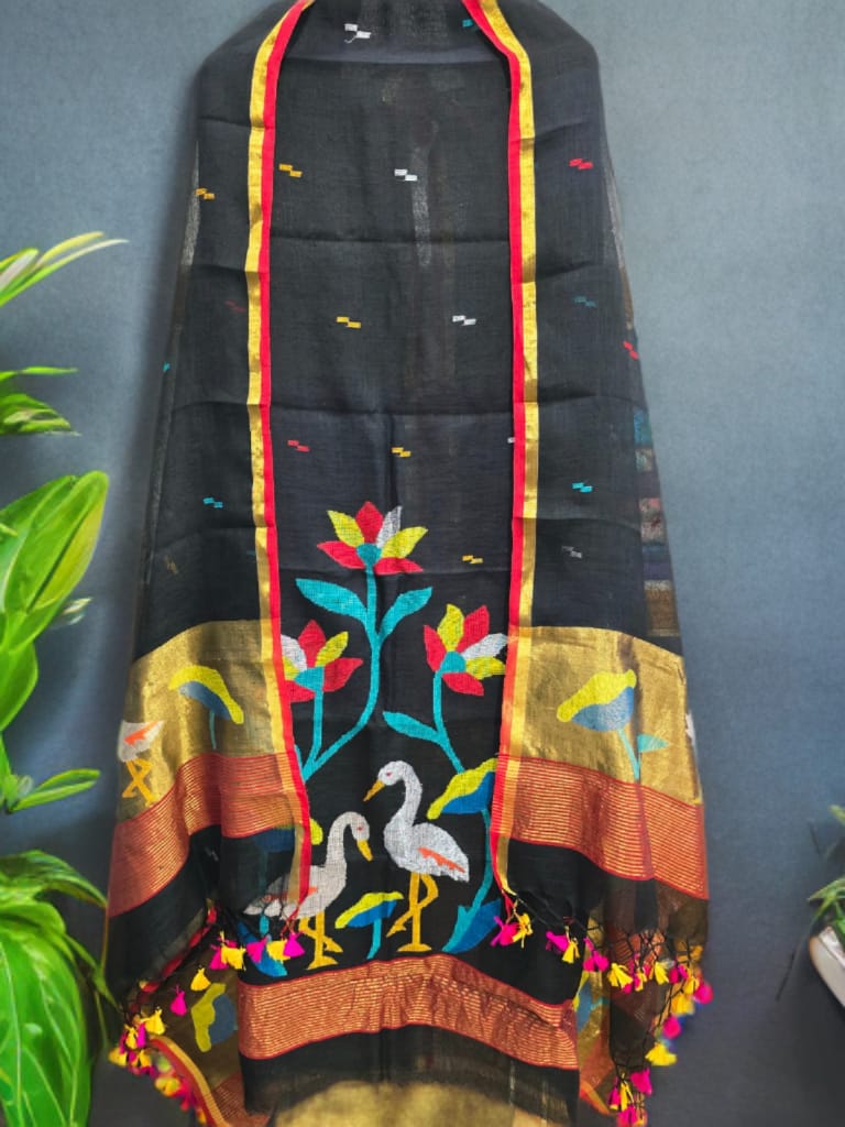 Kora Jayshree pure linen handwoven Jamdani kurti and dupatta set by Rihyaaz, featuring premium-quality traditional Indian handloom weaving.