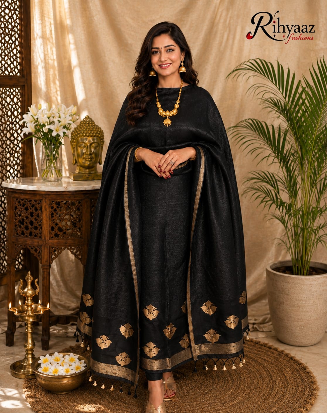 Noorie Silk Mark Certified Kora Palla Linen Silk Khaduwa Weaving Suit with intricate handwoven detailing, 2.5 mtr top and dupatta by Rihyaaz Fashions.