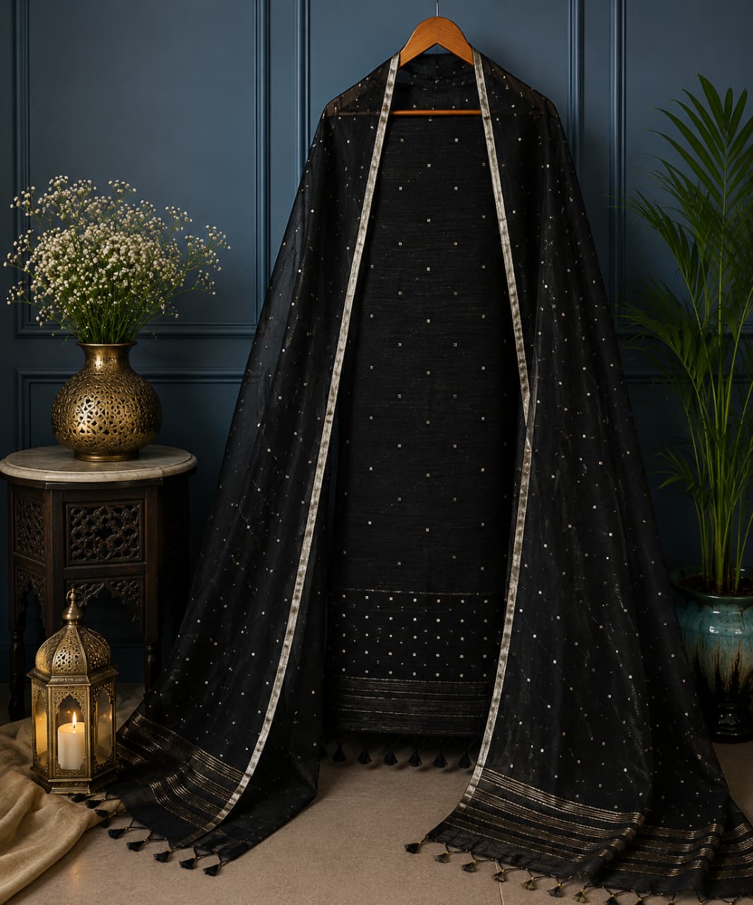 Ratri Matka suit set styled with an elegant Resham sequin embellished dupatta, showcasing traditional Indian ethnic fashion and festive craftsmanship.