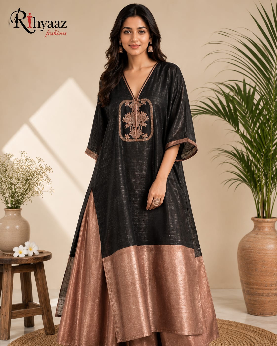 Rebeca Mul by Raw Silk Khaduwa weaving unstitched kaftan, elegant handcrafted Indian ethnic wear by Rihyaaz, suitable up to 56 inch chest.