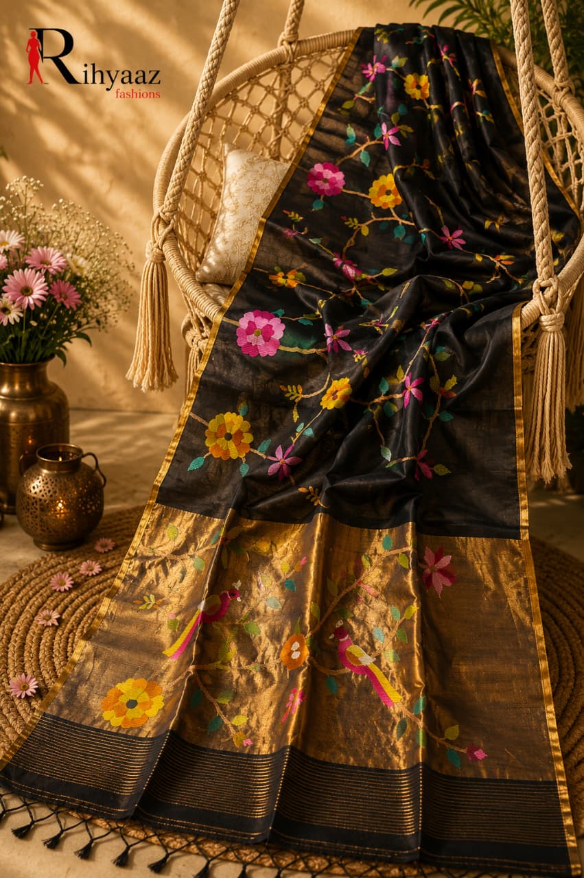 Anushua black Muslin Silk Paithani Palla Jamdani saree with intricate floral and bird weave by Rihyaaz.