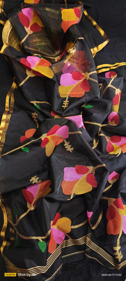Blossom Muslin Allover Weaved Floral Motif Jamdani Saree by Rihyaaz 