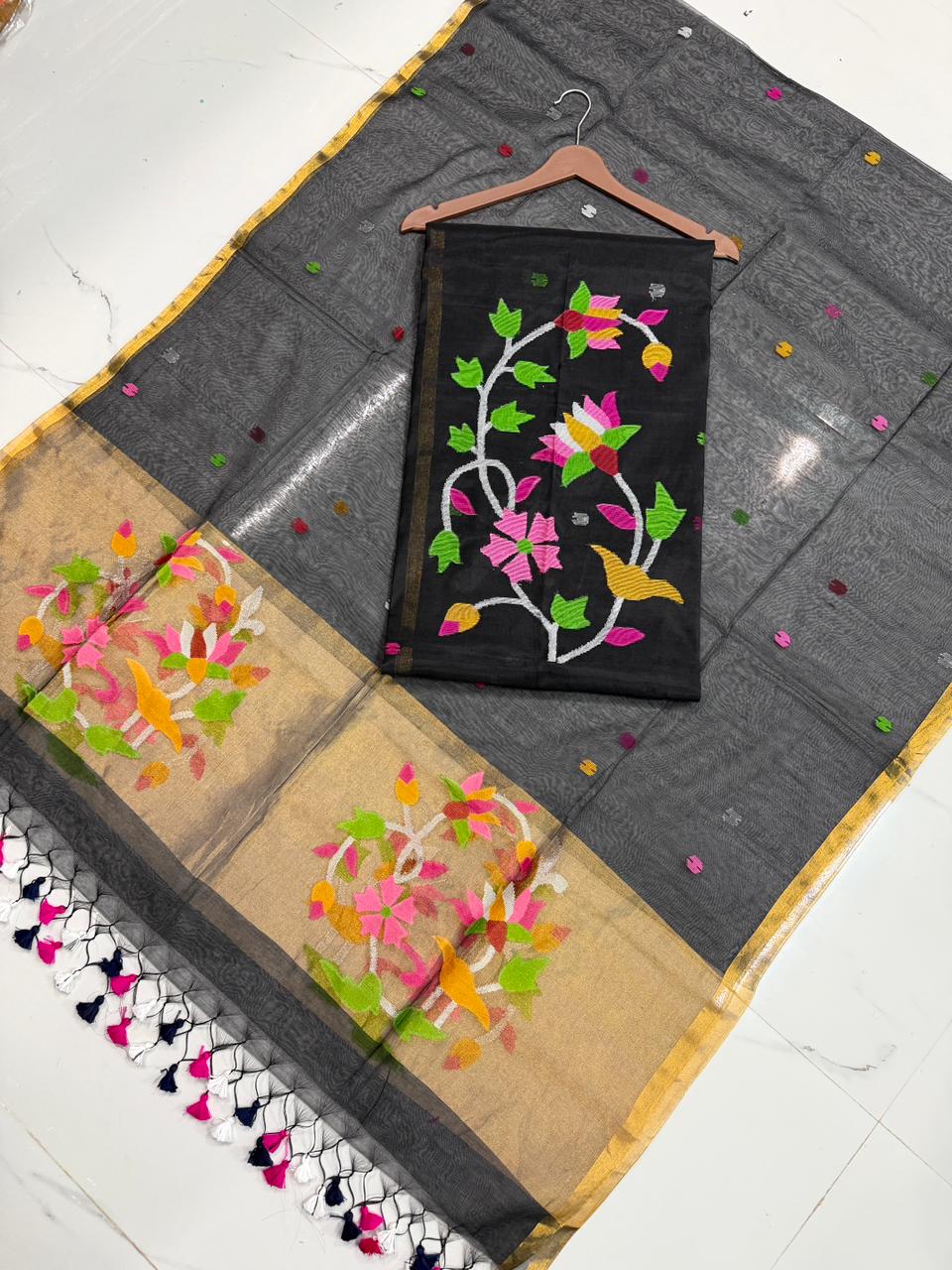 Rihyaaz handwoven Muslin Paithani Jamdani suit with 2.5 meter top and 2.5 meter tassel dupatta, lightweight traditional Indian ethnic wear.