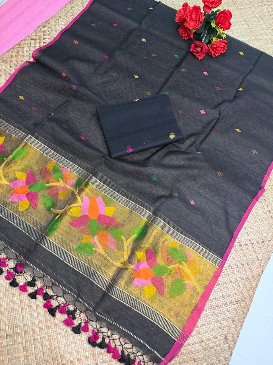 ✨ Muslin Paithani Jamdani Handwoven Suit Set with Tassels Dupatta | Rihyaaz