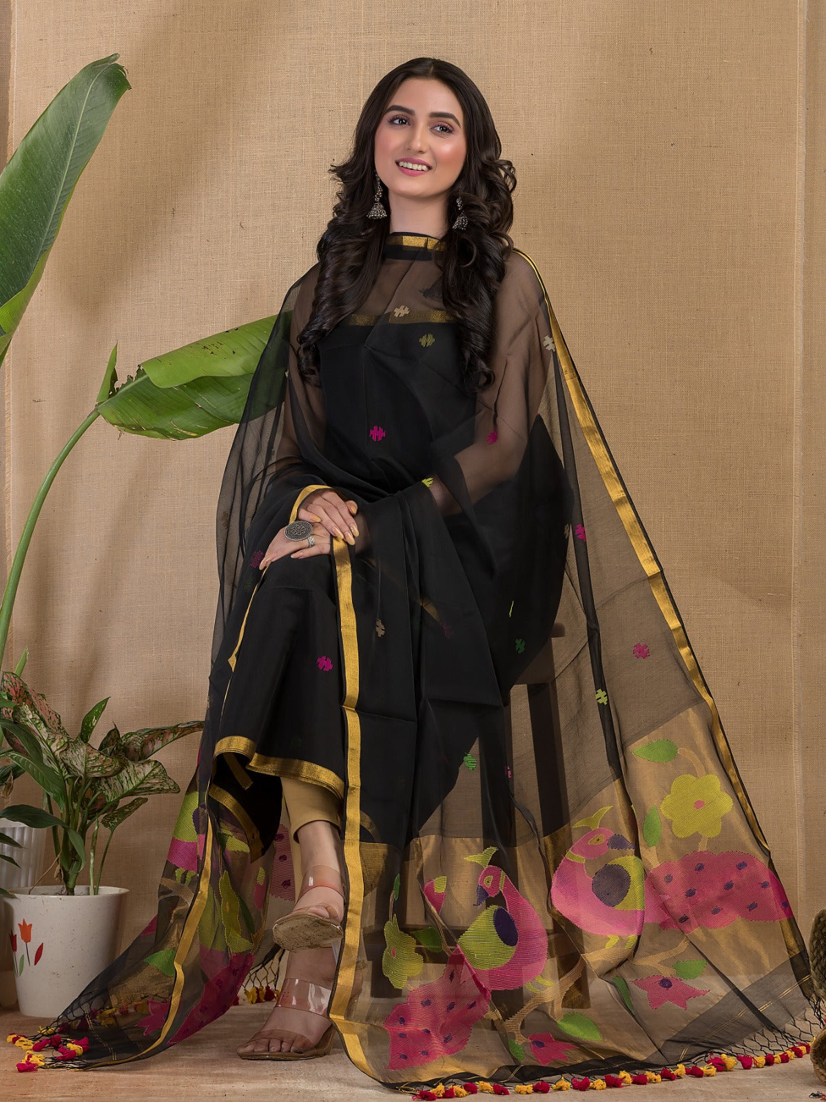 Rihyaaz Muslin Peacock Motif Paithani Jamdani handwoven suit with 2.5 meter top and tassel detailed dupatta