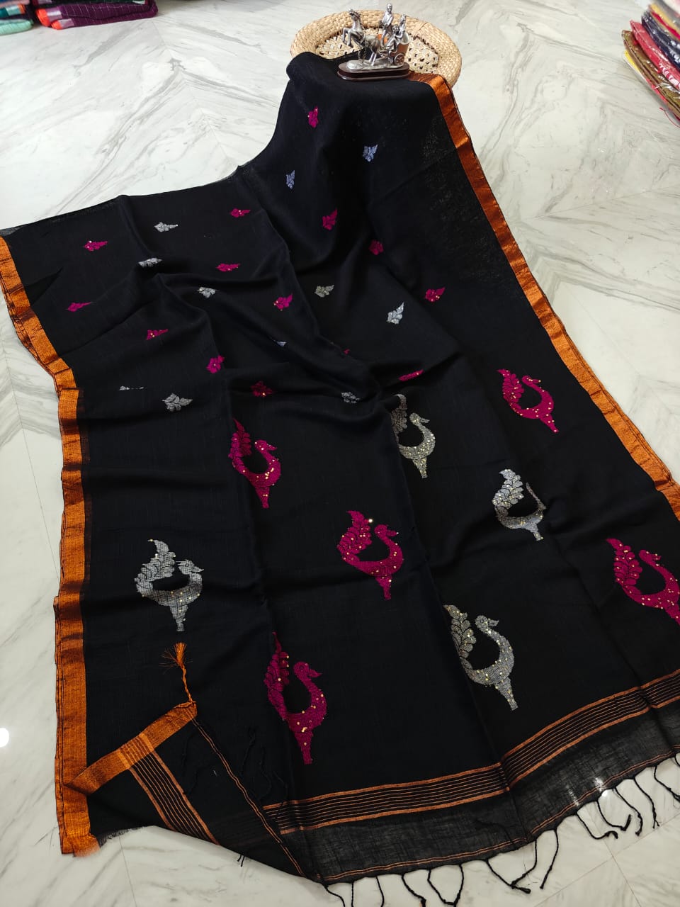 Exclusive Pure Linen by Linen Peacock Jamdani handwoven saree with all-over body Mina work and running blouse piece by Rihyaaz