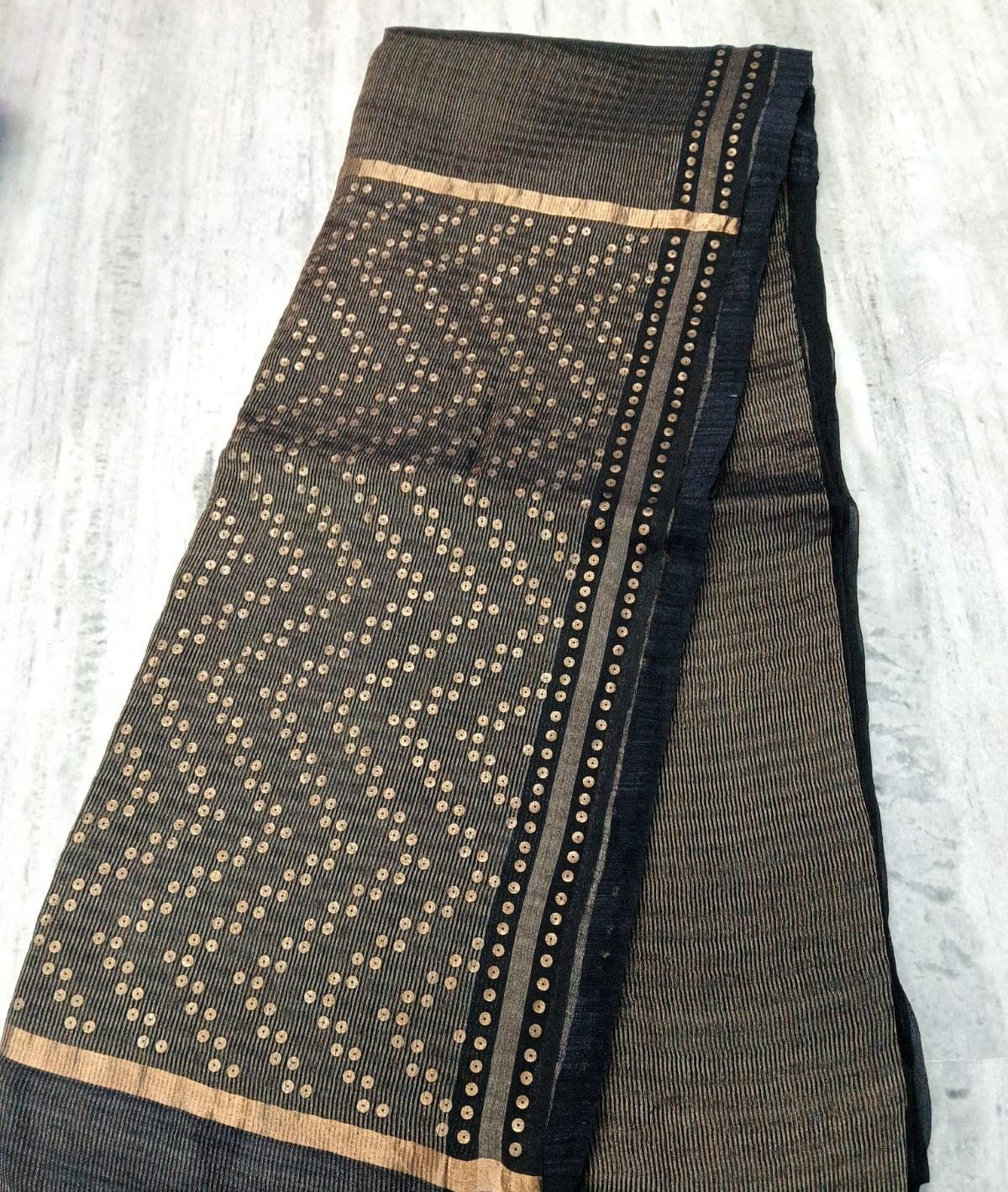 Shama Pure Resham festive saree with dual silver and golden zari stripes, sequin work on palla and border, paired with Pure Matka blouse piece by Rihyaaz.
