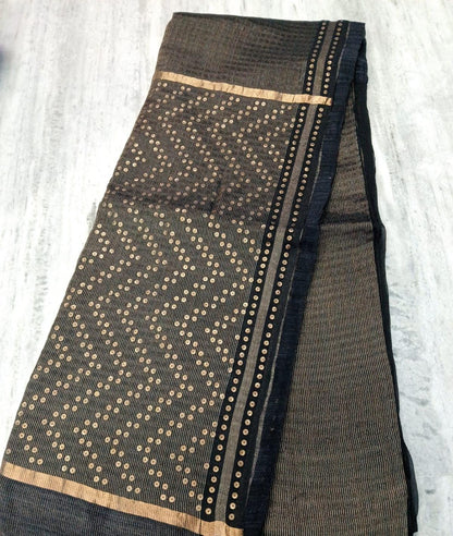 Shama Pure Resham festive saree with dual silver and golden zari stripes, sequin work on palla and border, paired with Pure Matka blouse piece by Rihyaaz.