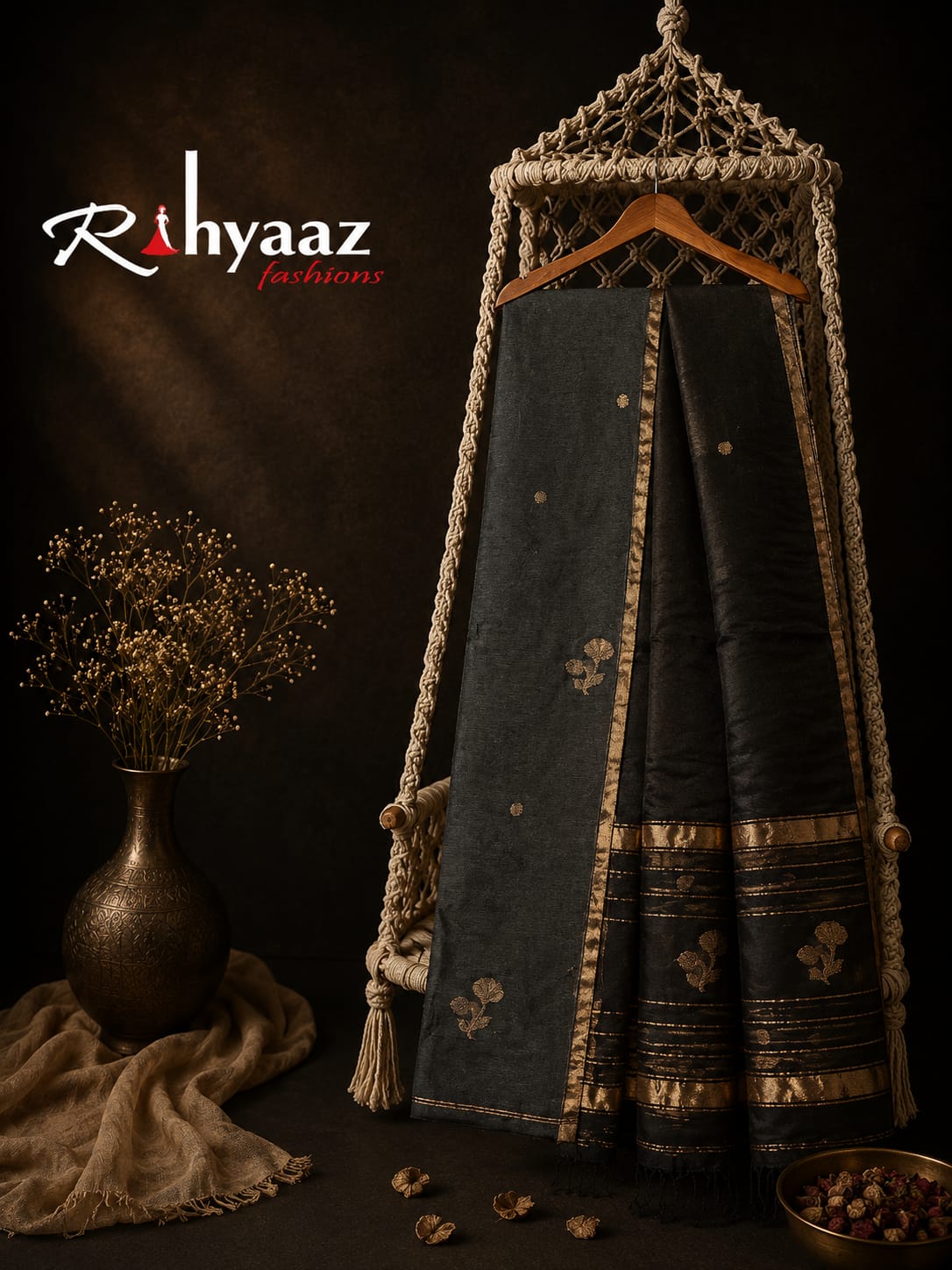 Lipi Black Resham Linen Zari Jamdani suit with zari border and heavy palla Resham dupatta by Rihyaaz