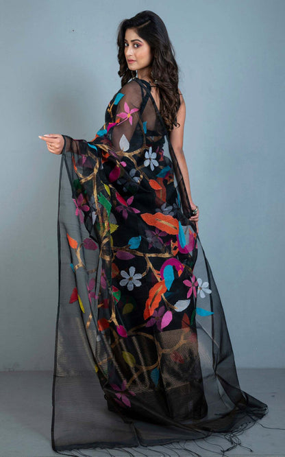 Papri Resham silk jamdani saree with allover handwoven bird & floral weaves by Rihyaaz 