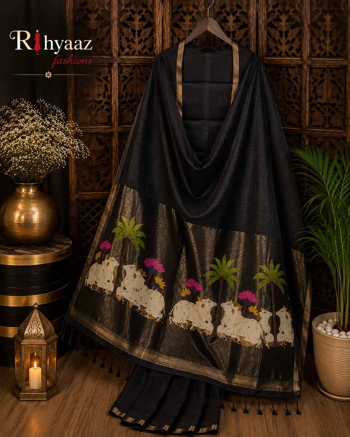 Kamdhenu Silk Linen Pichwai Motif Paithani Jamdani Saree by Rihyaaz featuring intricate Pichwai-inspired weaving, elegant Paithani pallu, handcrafted details, and a plain blouse piece for festive and traditional wear.