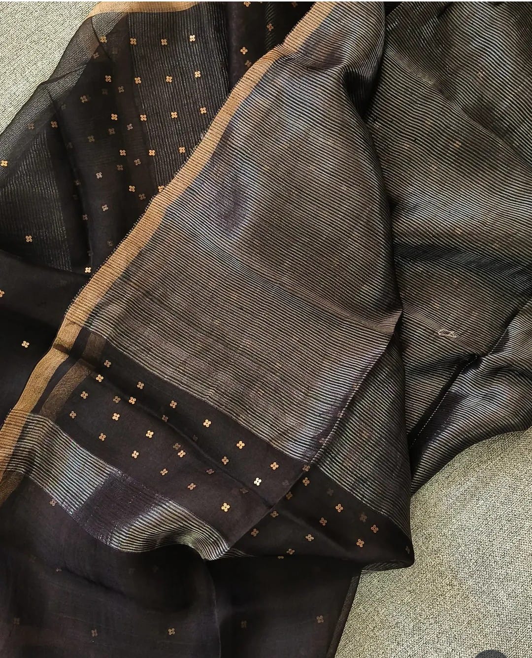 Rupal silk linen sequin woven kurta with micro striped weave and resham palla Jamdani dupatta by Rihyaaz premium handwoven ethnic suit set.