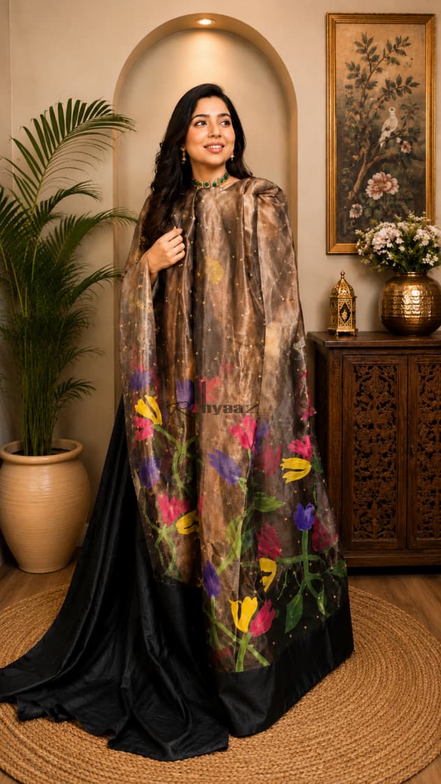 Qala tissue silk sequin weaved saree with intricate Jamdani palla and solid-colour blouse piece, customisable in pastel shades by Rihyaaz.