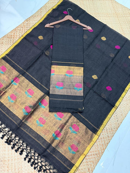 Rihyaaz Zul Zari Patta linen suit set with matching dupatta, showcasing elegant zari detailing and traditional Indian handloom-inspired craftsmansh