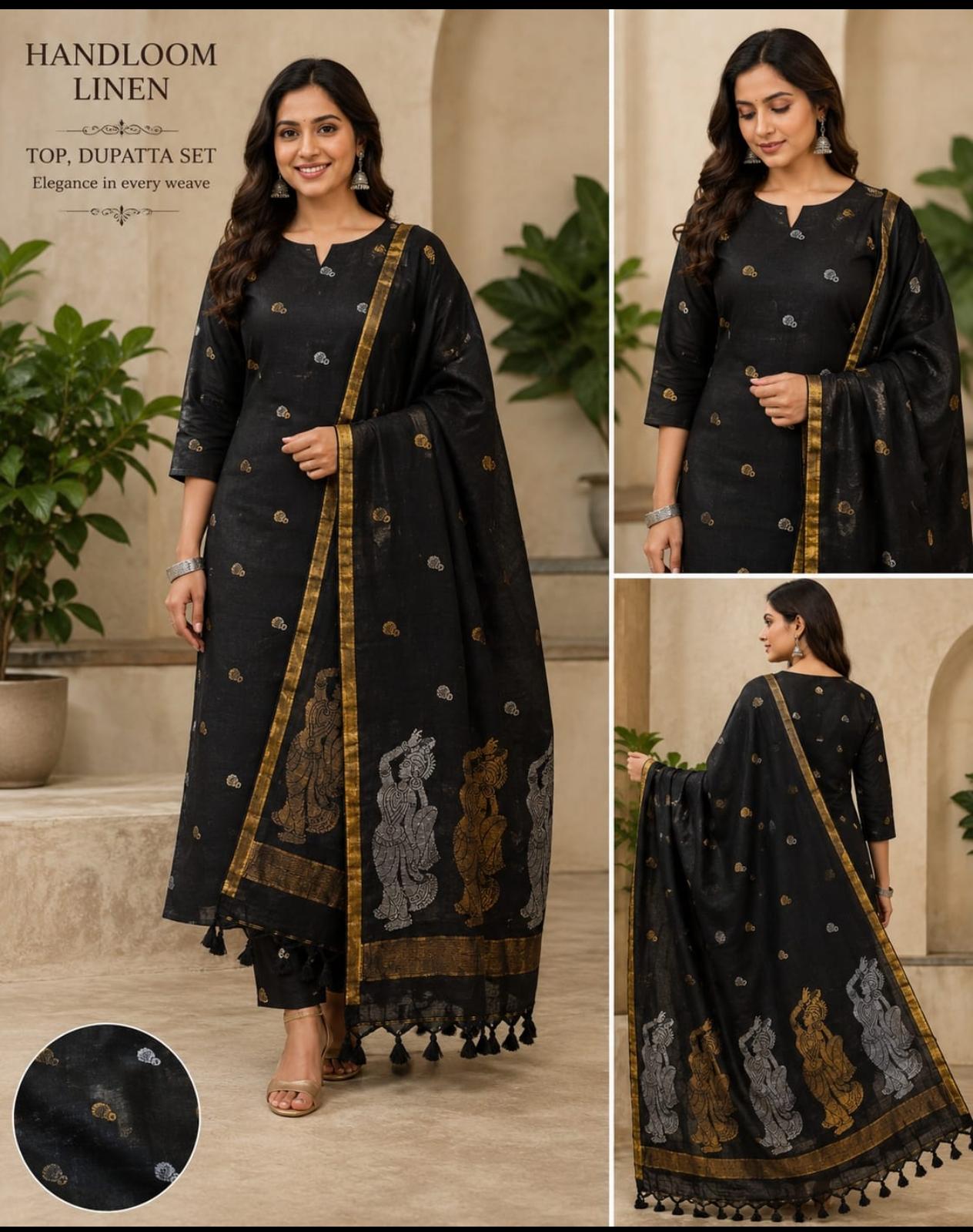 𝓡𝓪𝓼𝓲𝔂𝓪 zari-weaved linen Baluchari suit by Rihyaaz, featuring intricate traditional weaving and elegant ethnic craftsmanship with optional cotton-linen bottom.