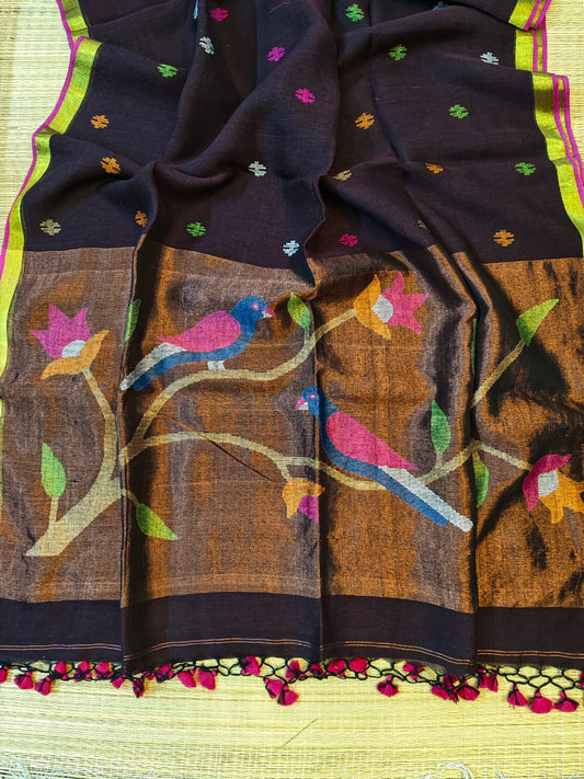 Awali - Exclusive Paithani linen handwoven saree with traditional Paithani border and rich woven pallu by Rihyaaz in premium artisan weave for festive and wedding wear.