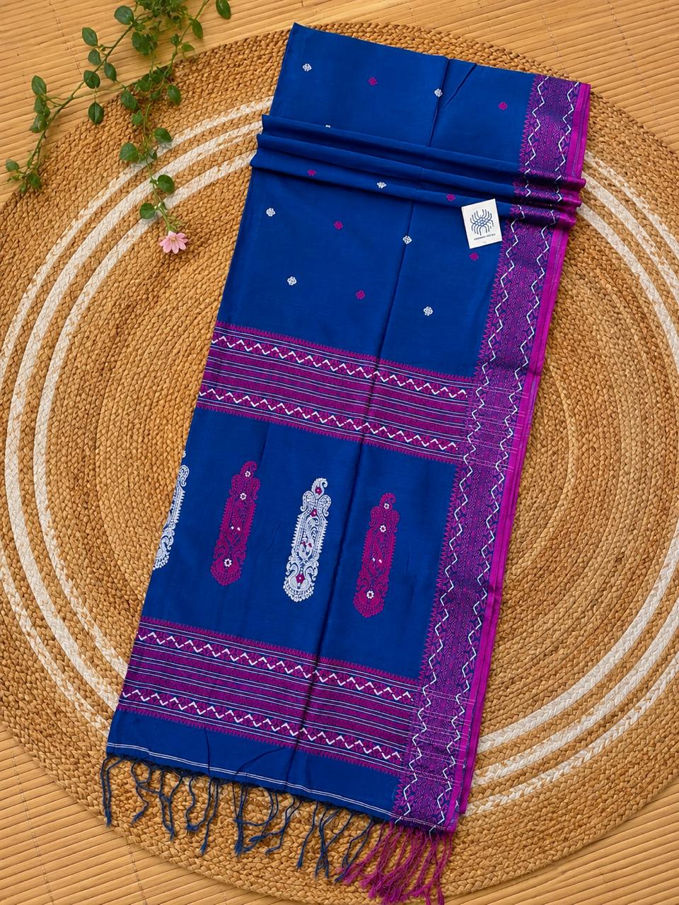 Authentic Blue premium quality handloom Cotton Khadi Jamdani saree by Rihyaaz with unique traditional woven detailing and running blouse piece.