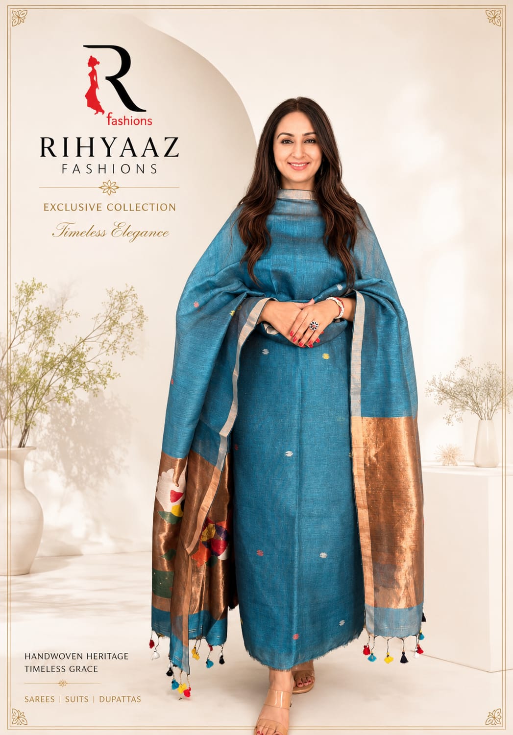 Mohor broad palla Paithani linen Jamdani suit by Rihyaaz with 3-meter linen top and 2.5-meter tassel dupatta in premium handloom-inspired weave.