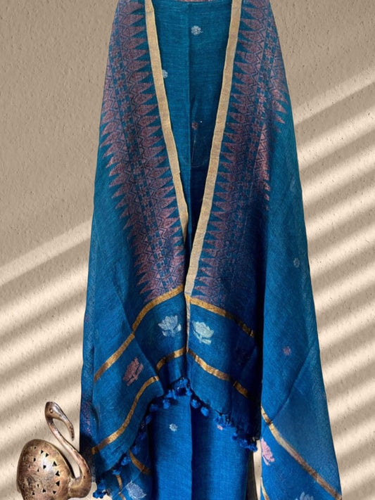 Sohini 84 count pure linen Jamdani suit with intricate copper zari weave by Rihyaaz