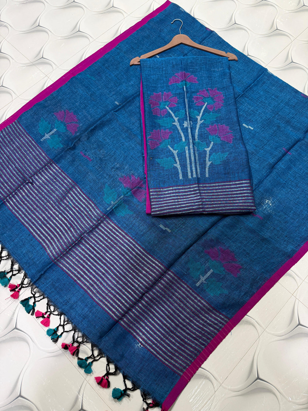 Rihyaaz handwoven linen Jamdani suit set with 2.5 meter top and 2.5 meter tassel dupatta