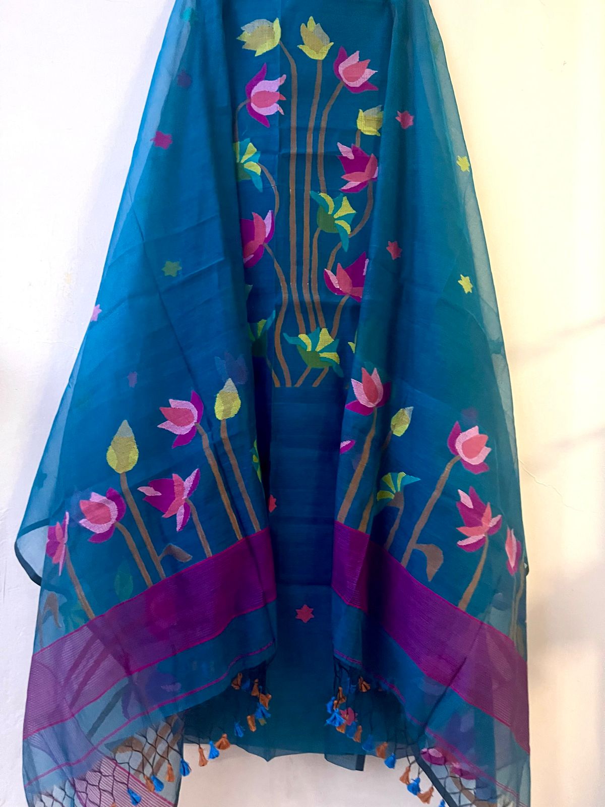 Padma Muslin weaved lotus motif cotton jamdani suit with tassel dupatta by Rihyaaz