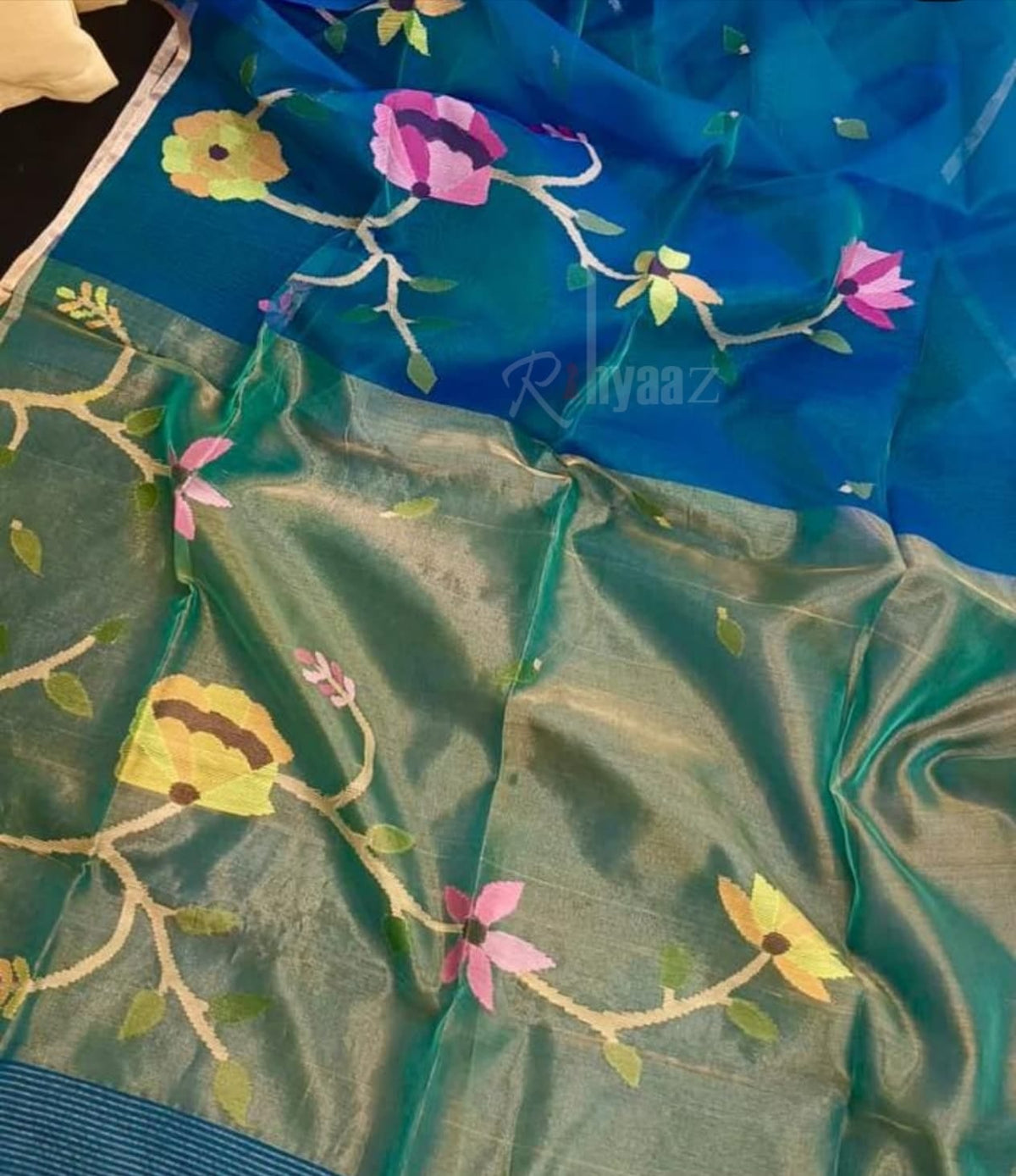 Anushua - Muslin Bird Motif Allover Weaved Silk paithani palla jamdani saree by Rihyaaz.