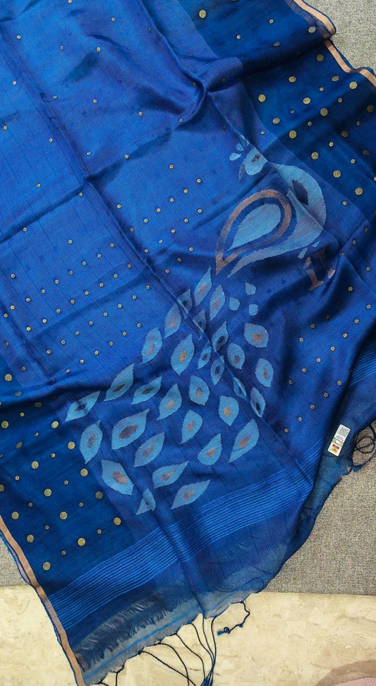 Keka premium Resham Silk Jamdani saree with handwoven needle Jamdani work, metal gini embellishments, peacock motif pallu, thin zari border, and running blouse piece.