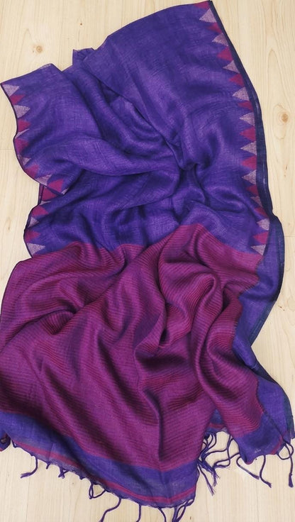Blue Pure silk Jayashree linen saree with traditional temple border, striped palla and running blouse piece by Rihyaaz Fashions.