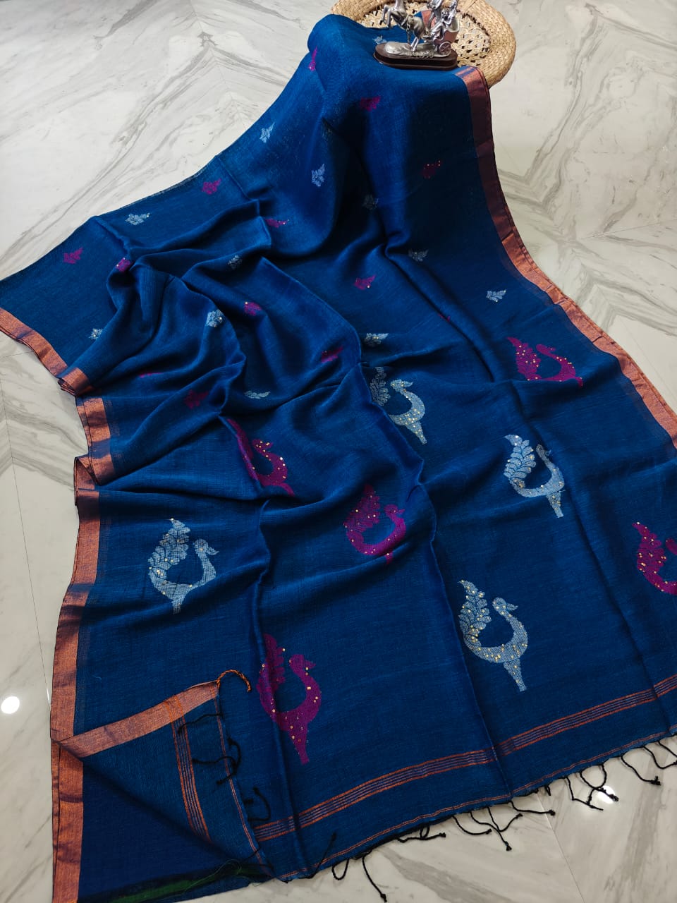Exclusive Pure Linen by Linen Peacock Jamdani handwoven saree with all-over body Mina work and running blouse piece by Rihyaaz