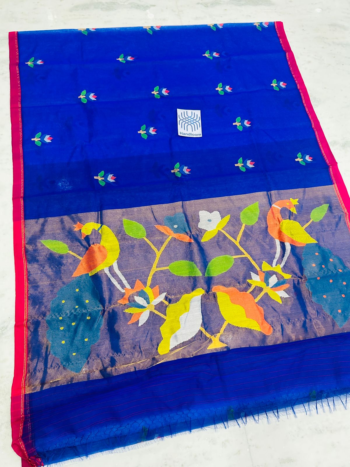 Shahi pure muslin handwoven saree with blouse piece by Rihyaaz, showcasing traditional Indian handloom craftsmanship and elegant woven texture.