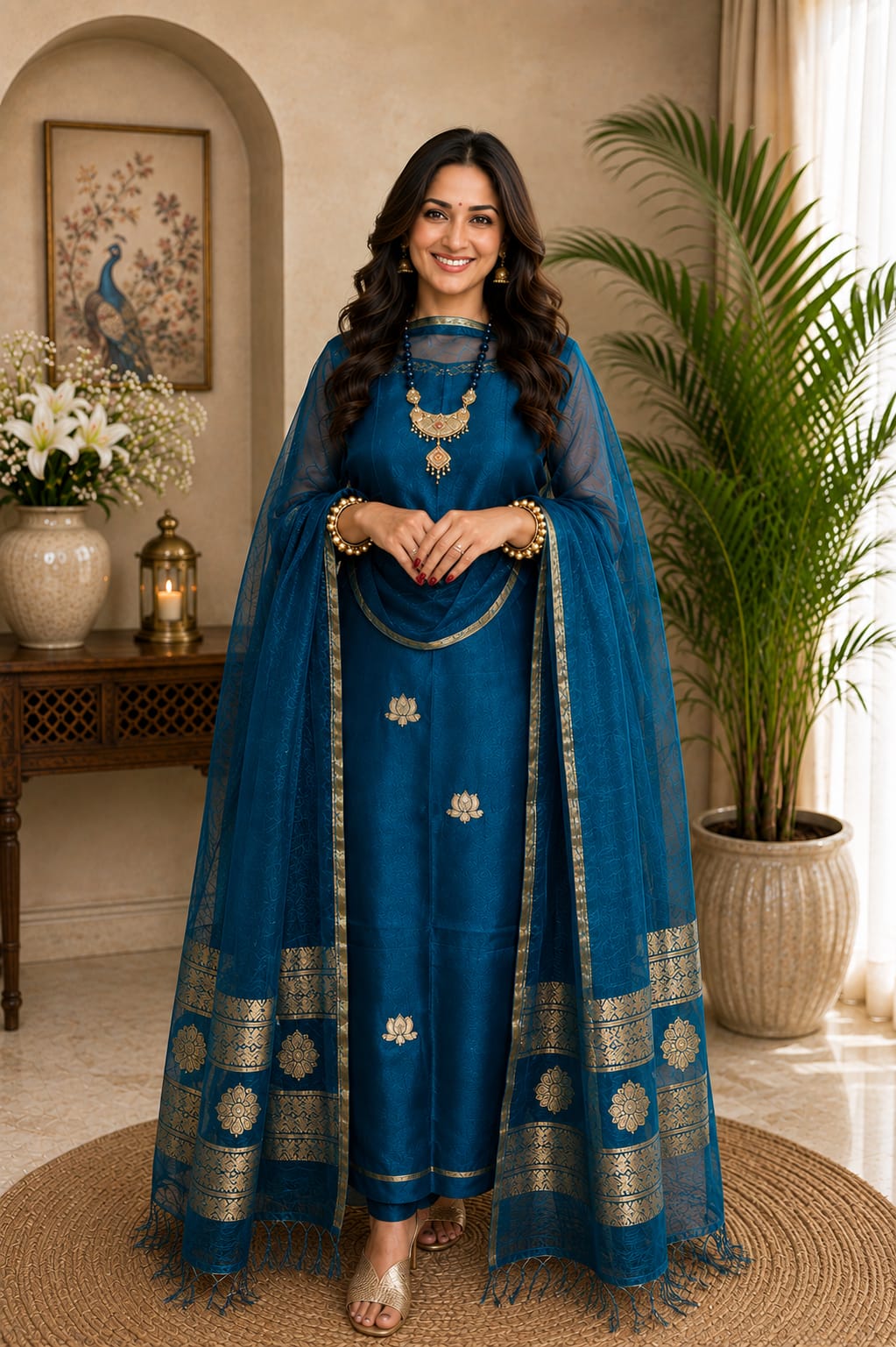 𝓝𝓮𝓮𝓿𝓪 Pure Resham by Linen lotus weaved suit paired with a resham dual zari handwoven dupatta by Rihyaaz, showcasing intricate Indian handloom craftsmanship and elegant festive ethnic design.