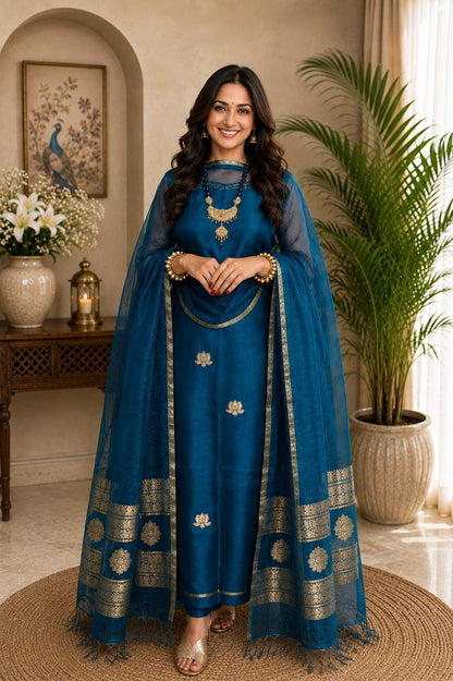 𝓝𝓮𝓮𝓿𝓪 Pure Resham by Linen lotus weaved suit paired with a resham dual zari handwoven dupatta by Rihyaaz, showcasing intricate Indian handloom craftsmanship and elegant festive ethnic design.