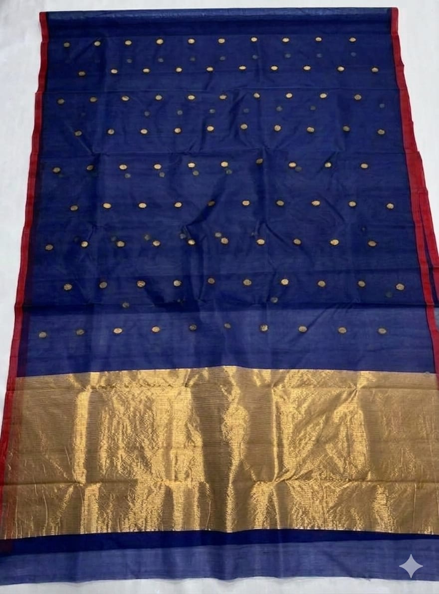 Pure muslin allover zari weaved butti works handwoven saree with zari pallu and a running blouse piece by Rihyaaz.