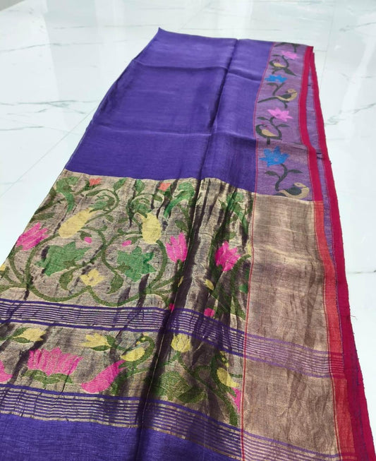 Kheya silk linen Pita zari Paithani saree by Rihyaaz Fashions, featuring traditional zari weaving and elegant handloom detailing.