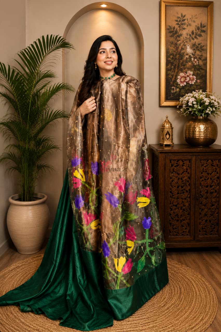 Qala tissue silk sequin weaved saree with intricate Jamdani palla and solid-colour blouse piece, customisable in pastel shades by Rihyaaz.