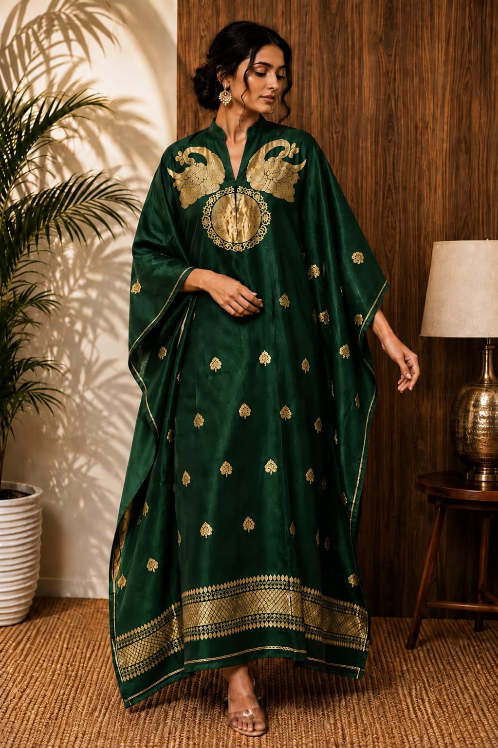 Nayra Banarasi weaved unstitched kaftan by Rihyaaz, showcasing elegant traditional Indian weaving and luxurious ethnic styling.