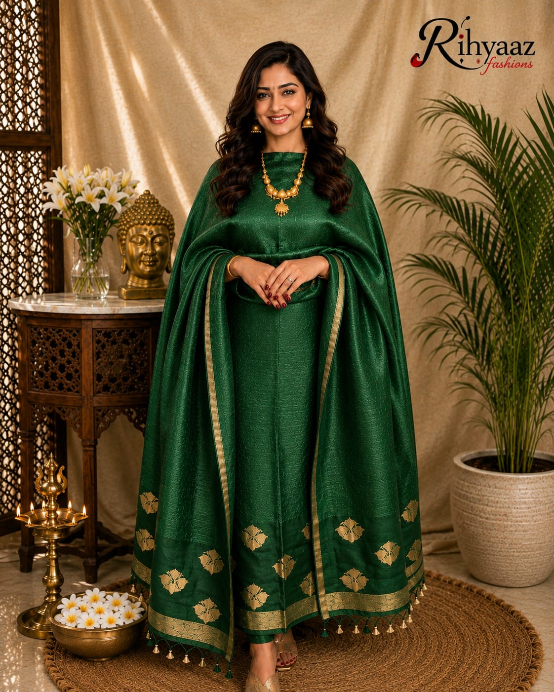 Noorie Silk Mark Certified Kora Palla Linen Silk Khaduwa Weaving Suit with intricate handwoven detailing, 2.5 mtr top and dupatta by Rihyaaz Fashions.