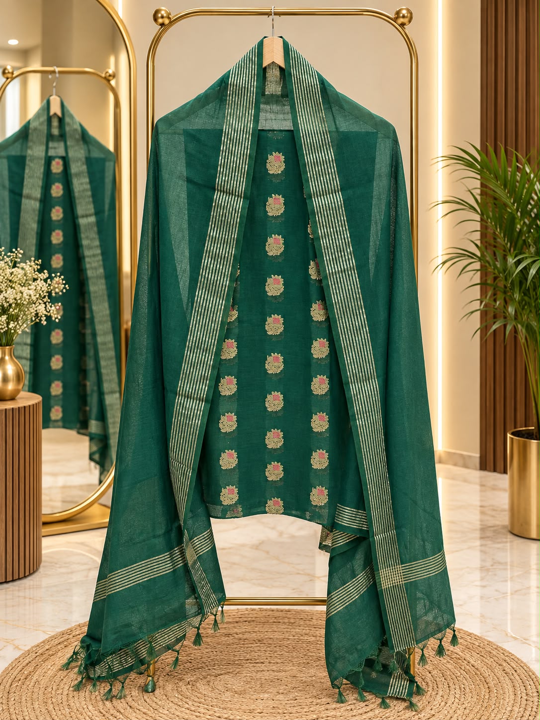 Exclusive Bottle Green Mal Chanderi suit set featuring a floral Meena booti top paired with a zari Chudi border dupatta. Comes with a plain cotton silk bottom, 2.50 metres each for an elegant festive ensemble by Rihyaaz Fashions. 