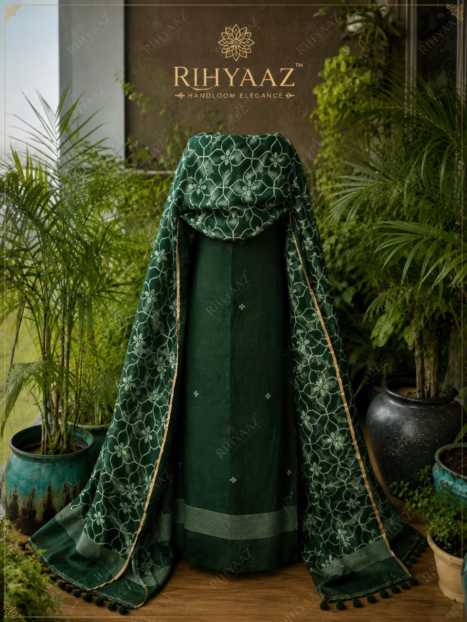 Zohra pure linen polka weaved suit with an all-over woven floral dupatta by  Rihyaaz for a graceful elegant look.