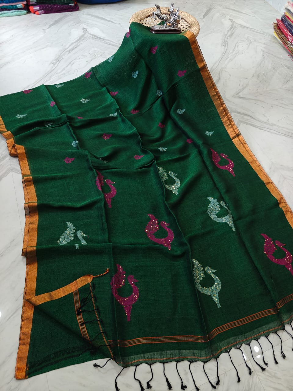Exclusive Pure Linen by Linen Peacock Jamdani handwoven saree with all-over body Mina work and running blouse piece by Rihyaaz