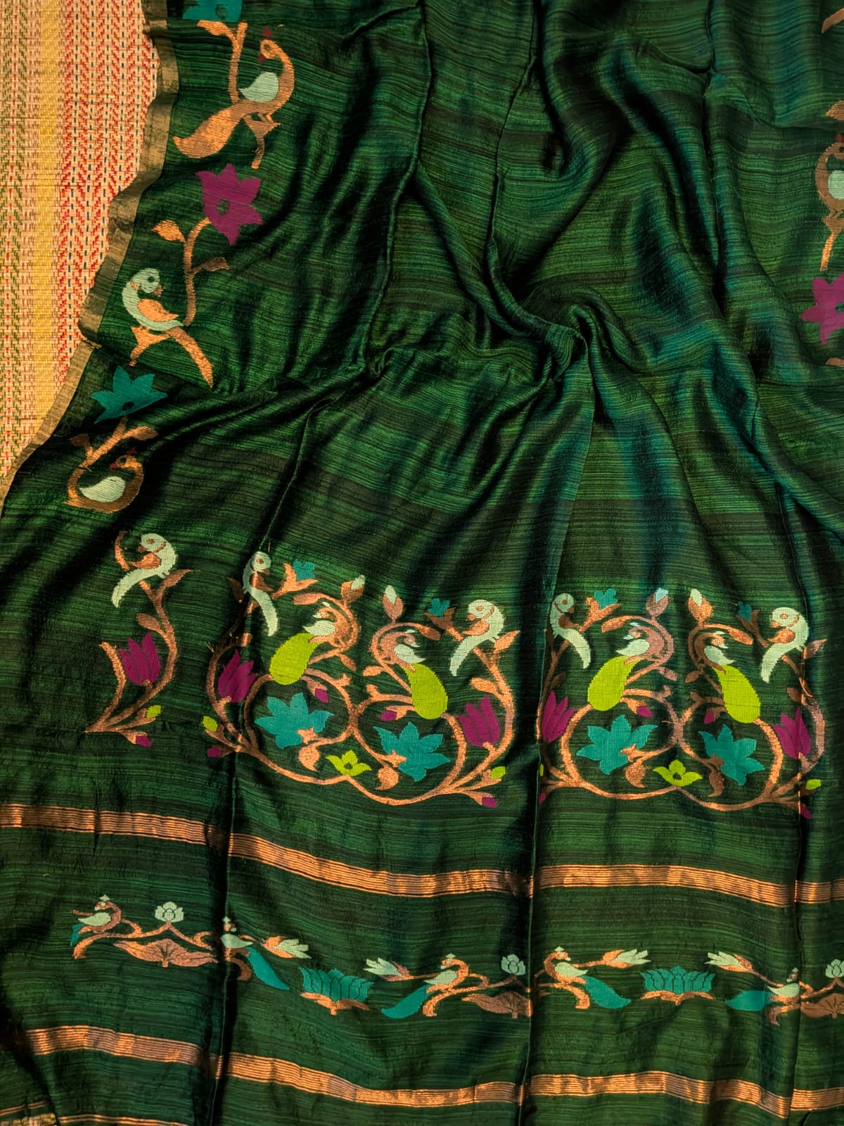 Utsav Bottle Green Pure Matka Jamdani saree by Rihyaaz Fashions featuring a Paithani-style pallu, handwoven designer border and contrasting tested zari borders.