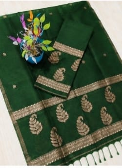 Kairi bottle green Pure Silk Linen Jamdani suit with handwoven detailing and net tassel dupatta by Rihyaaz